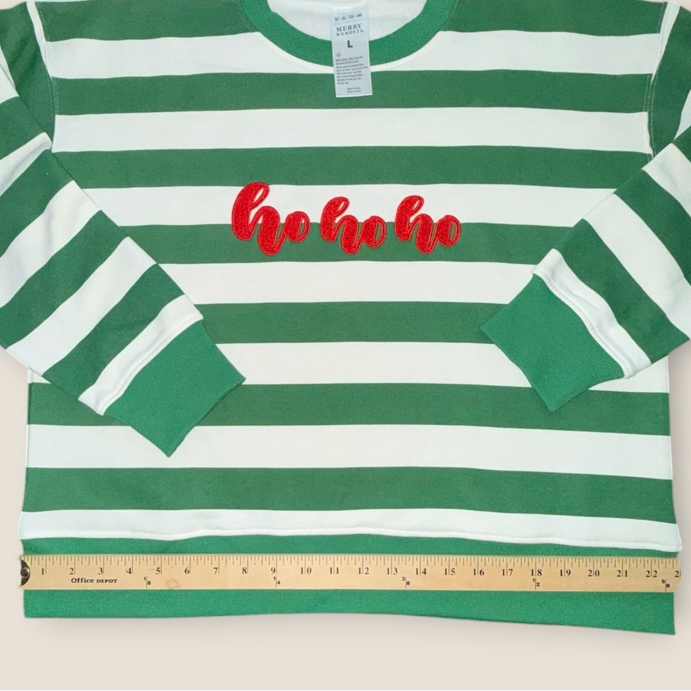 Merry Moments Ho Ho Ho‎ Christmas Sweatshirt Green Striped Size L Holiday